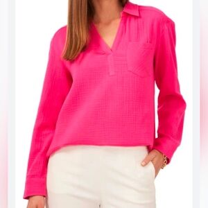 CECE size Small Long Sleeve‎ V Neck Collared Gauze Blouse Pink